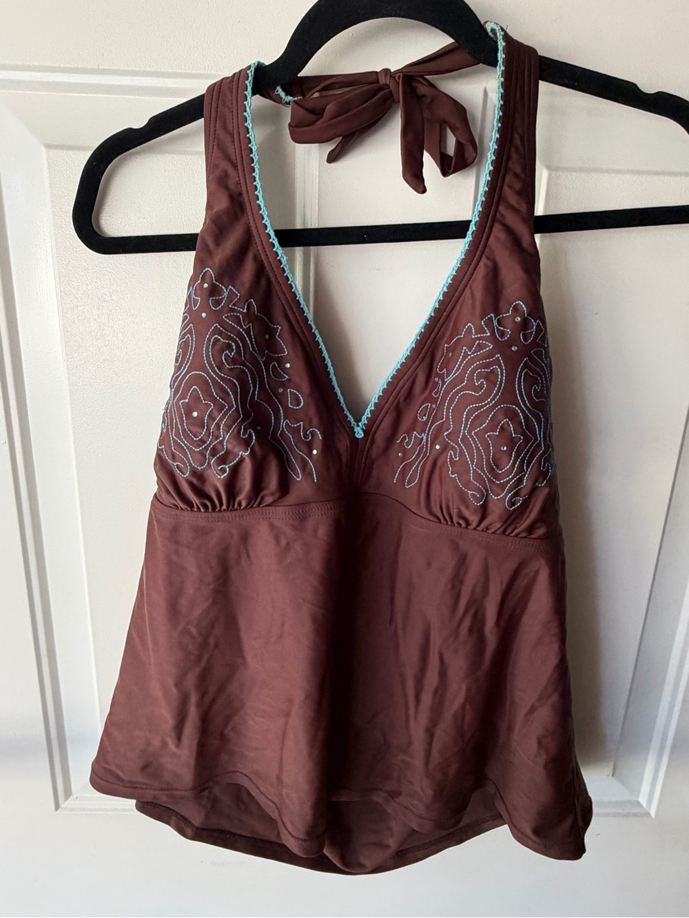 18W Ocean Dreams Brown Halter Swim Top with Teal Accents